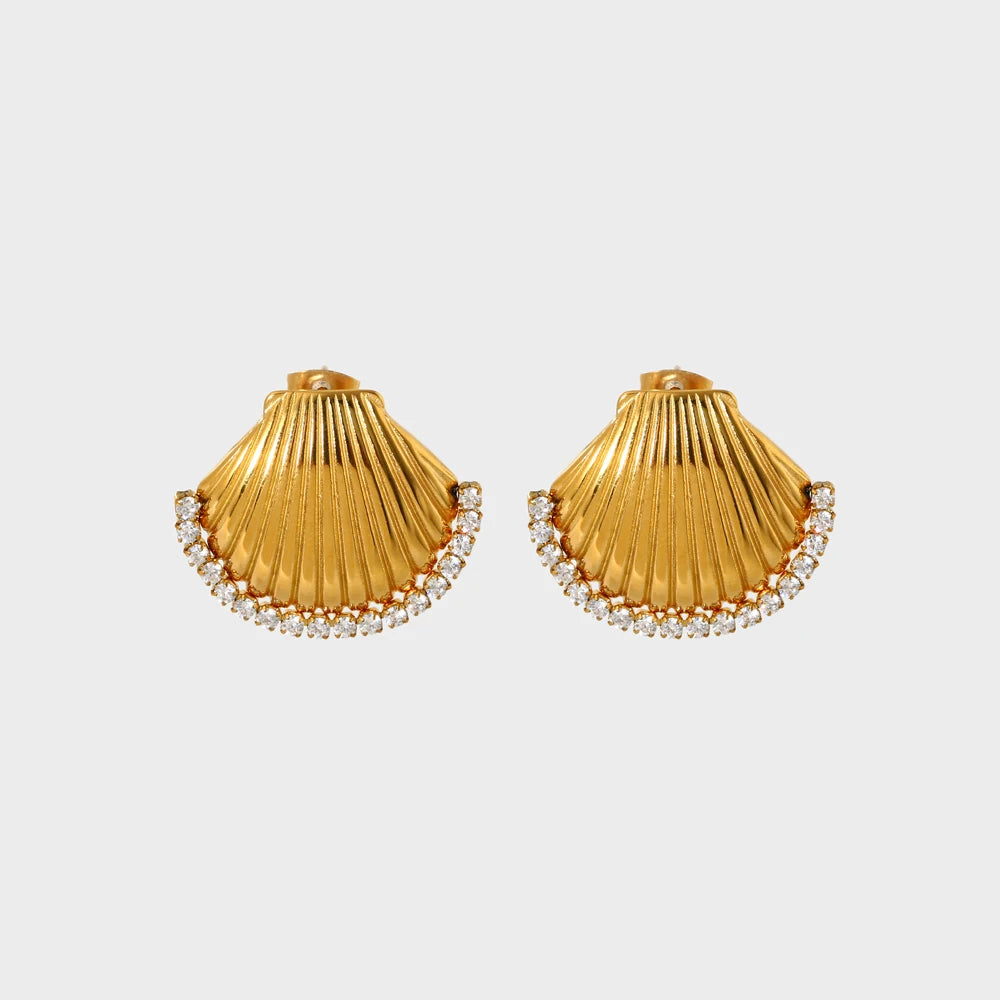 18K Gold Plated Waterproof Stainless Steel Scallop Earrings Shiny Cubic Zirconia Shell Stud for Women Geometric Parties Weddings