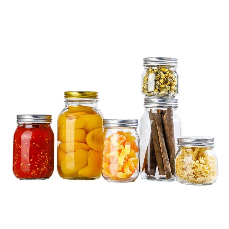 Factory Custom Clear Glass Mason Jar 5 oz 8 oz 16 oz 32 oz Empty Wide Mouth with Lid & Handle for Food Storage Kitchen Supplies