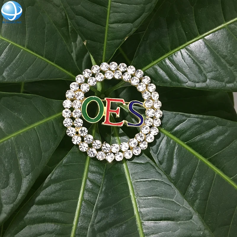 Greek Sorority Letter Clear Crystal Round Shape Order Eastern Star OES Brooch for College Union Masonic Lapel Pin Jewelry