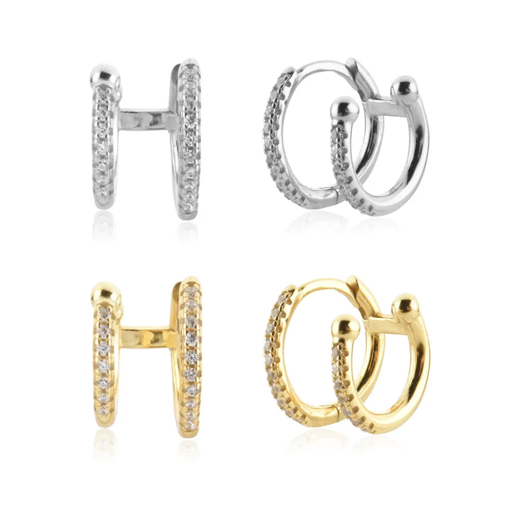 FUAMAY Women's Elegant Bohemian Geometric Double CZ Zirconia Micro Paved Double-sided Hoop Huggies Earrings Sterling Wedding