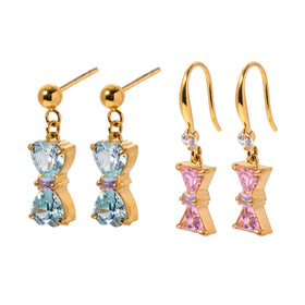 J&D Jewelry 18K Gold Plated Cubic Zirconia Stainless Steel Pink Blue CZ Zircon Bowknot Drop Earring