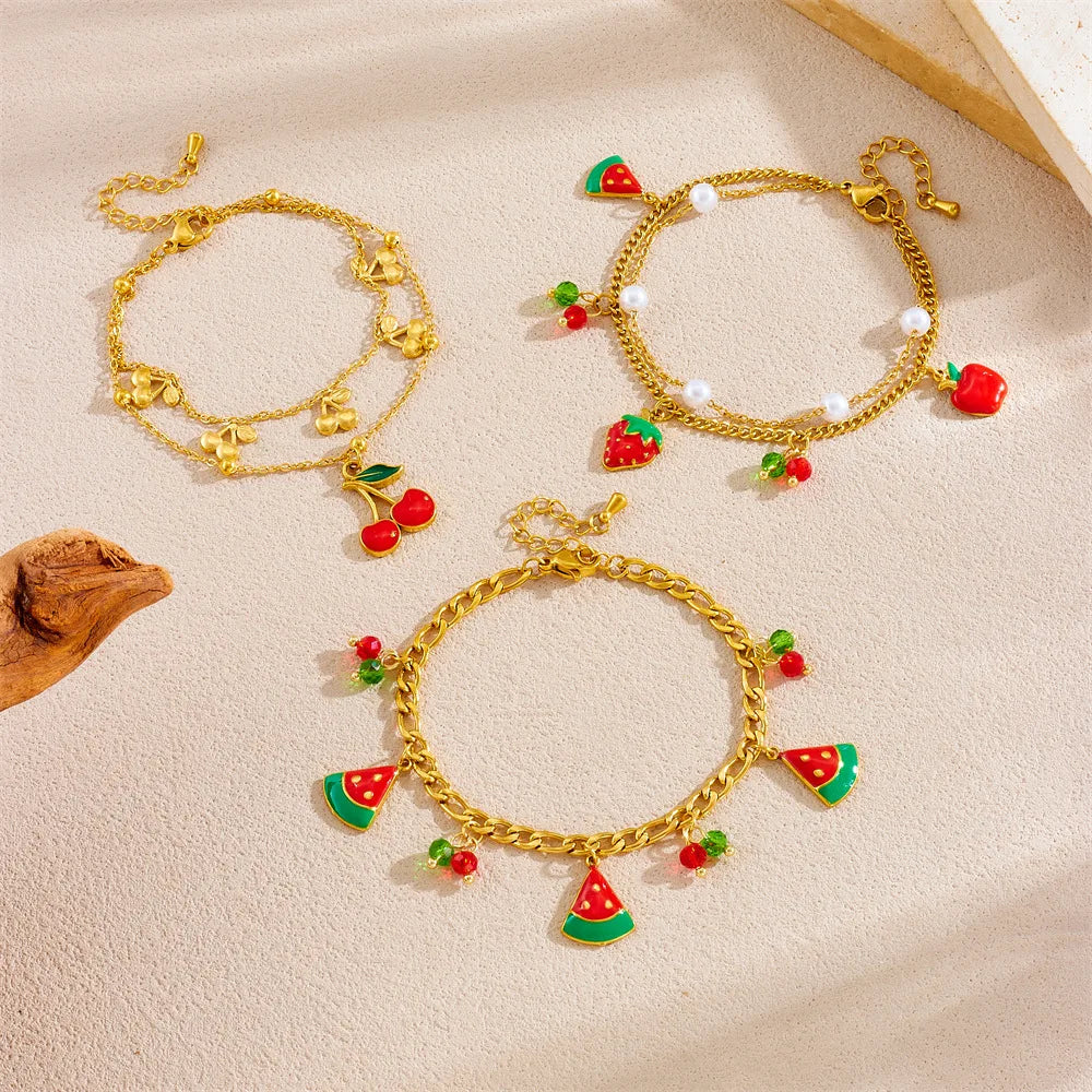 Summer Stainless Steel Fruit Charm Bracelet Non Tarnish Waterproof 18k Gold Plated Watermelon Strawberry Cherry Charm Bracelet