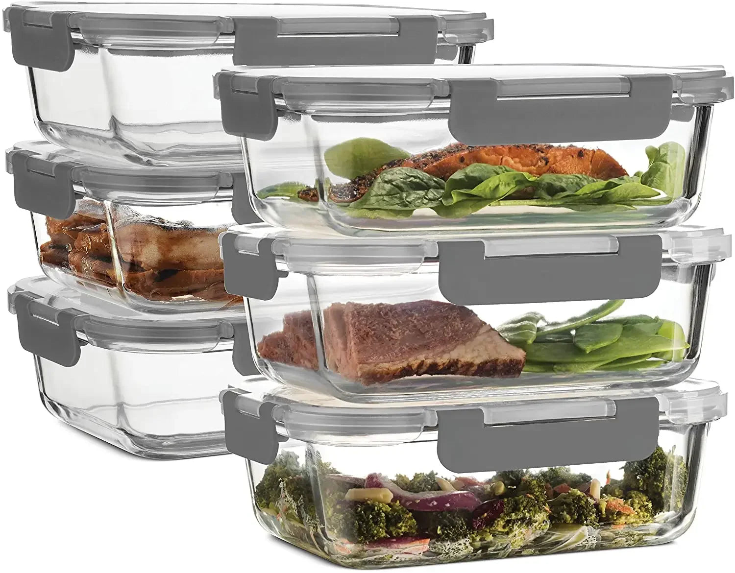 6Pack 1040ML Airtight Eco-Friendly Oven Safe High Borosilicate Glass Meal Prep Food Container Set Bento Box With Locking Lids