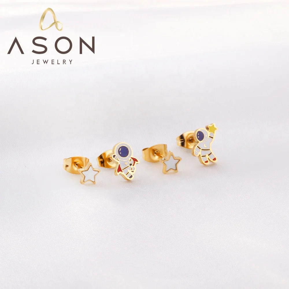 Ason New Trend Design Cute Stainless Steel Jewelry Stud Earrings Star + Astronaut Drip Oil Stud Earrings