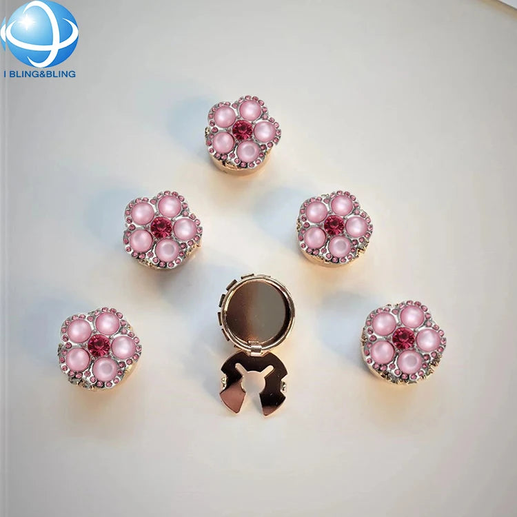 Custom Pink Rhinestone Flower Button Covers for Women Shirt No Sew Clips on Button Cufflinks Garment Decor Accessories