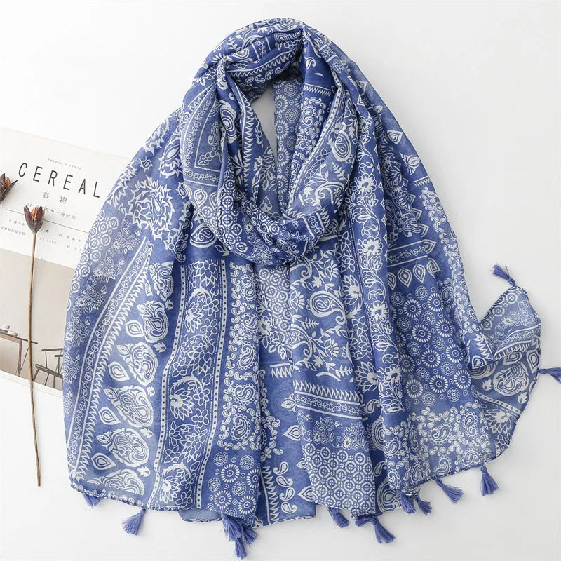 Newest Spring Summer Soft Polyester Cotton Voile Geometry Printed Shawls Long Large Blue Hook Flower Pattern Scarves