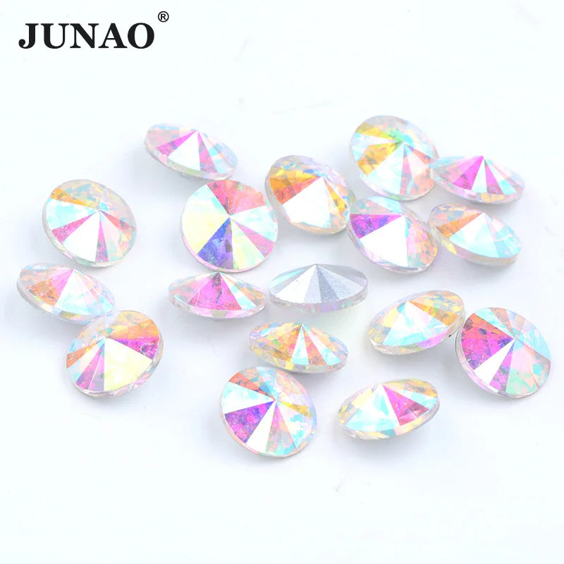 JUNAO 8mm 10mm 12mm 14mm Pointback Diamond Wholesale Rhinestones Glue on Glass Crystal Gems Rivoli Fancy Rhinestones