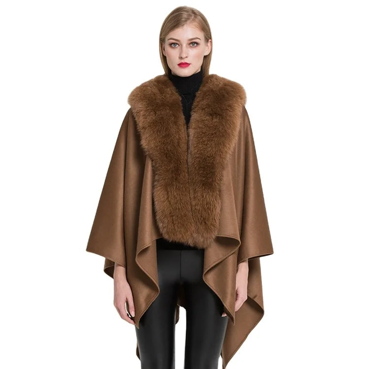 2021 Attractive Design Cape Wool and Real Fox Fur Collar Ponchos Soft Winter Shawl