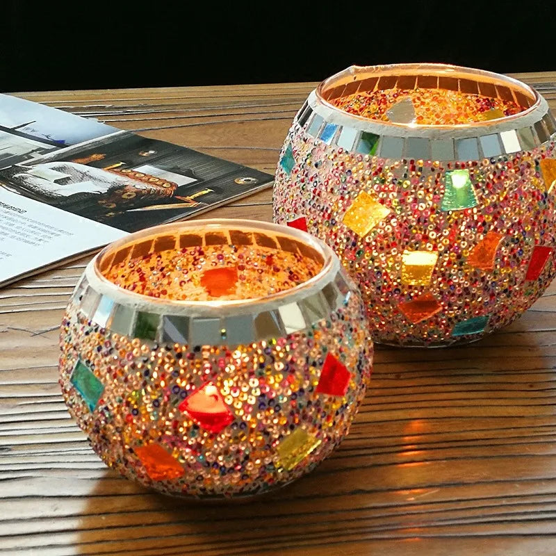 New European for Romantic Feng Shui Multicolour Small Mosaic Glass Candlestick for Art & Collectible Home Decoration