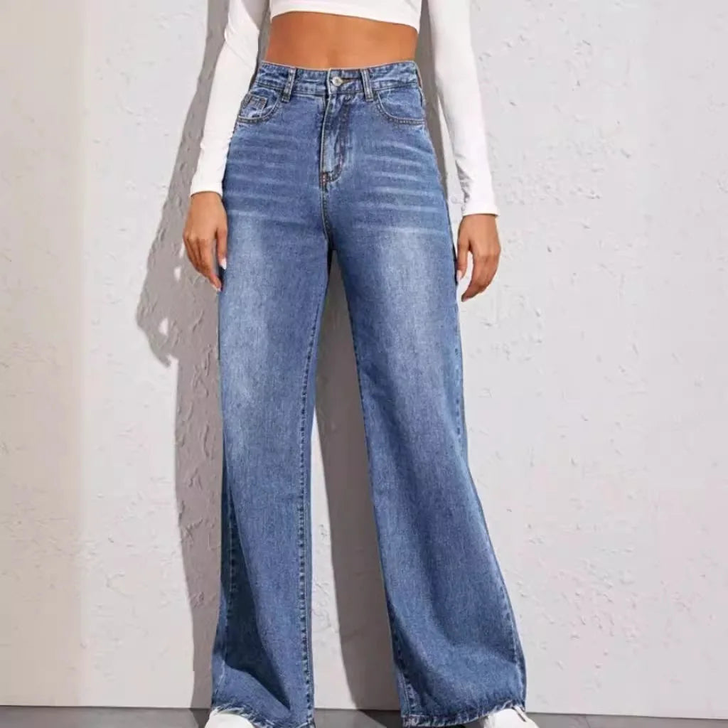 2026 European American Women's  Wide Leg Jeans Mid-Waist Denim Washed Pants for Women