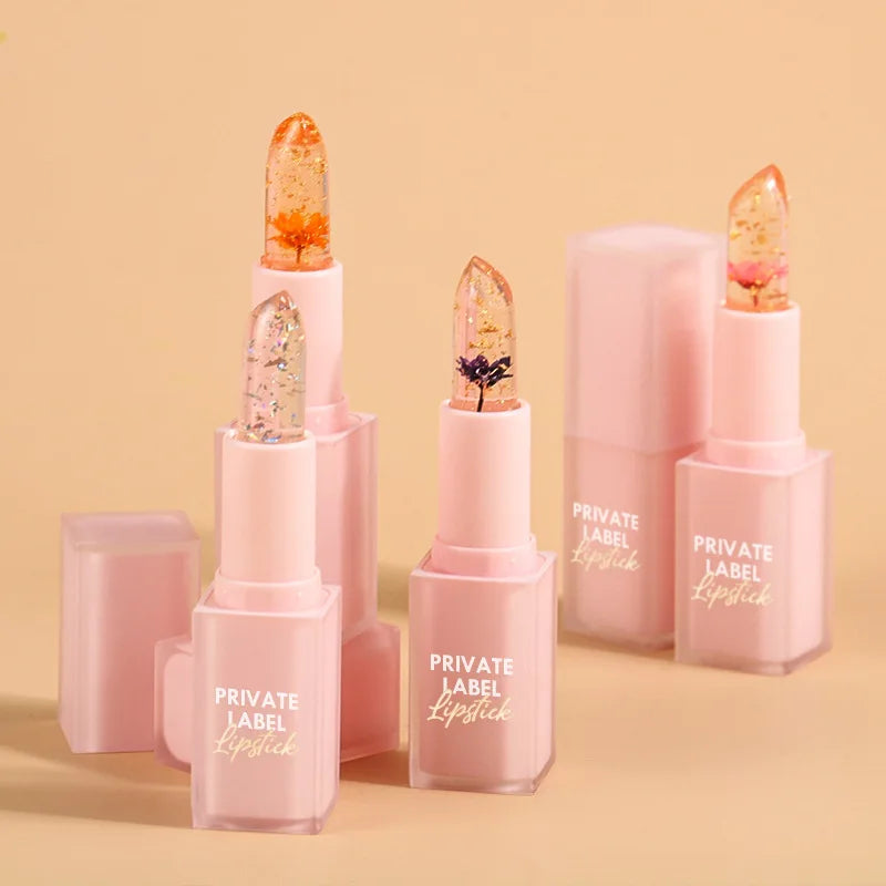 Customized Your Logo Moisturizer Pink Lip Balm Private Label Crystal Jelly With Flower Temperature Color Changing Lipstick