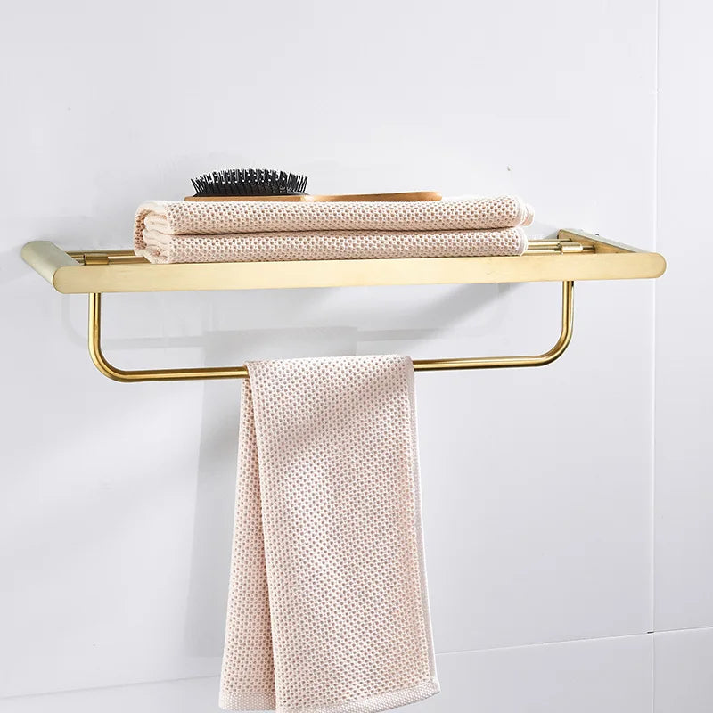 Hotel Wall-Mounted Stainless Steel Folding Towel Rack with Organizer Shelf Modern Design for Bathroom Use
