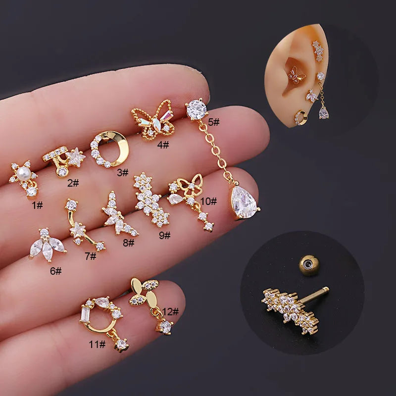 Hengsen 16g Gold Plated Stainless Steel Jewelry CZ Dangle Cartilage Piercing Conch Tragus Helix Snug Screw Back Earring Stud