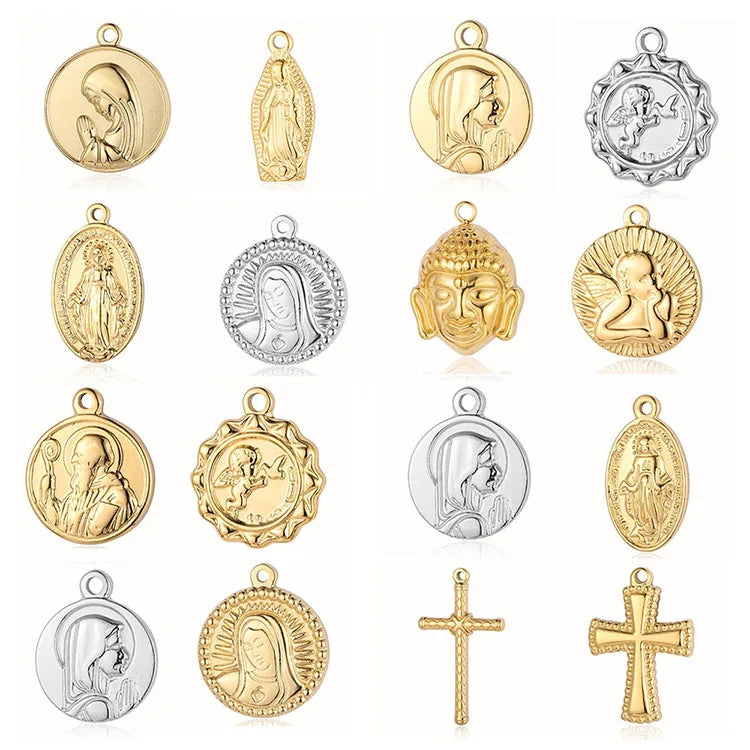 S1210 Vintage 18K Gold Plated Stainless Steel Religious Jewelry Supplies Virgin Mary Saint Medal Cross Charm Pendants