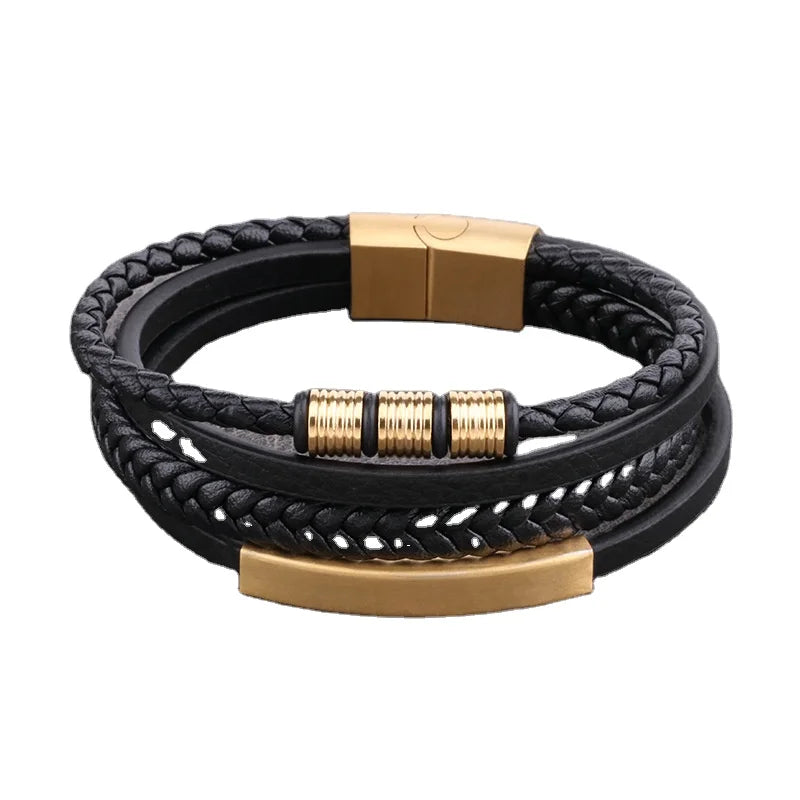 Hot Sale Luxury Stainless Steel Charm Multi Layer Leather Bracelet Pulseras De Cuero Mens Braids Leather Bracelet