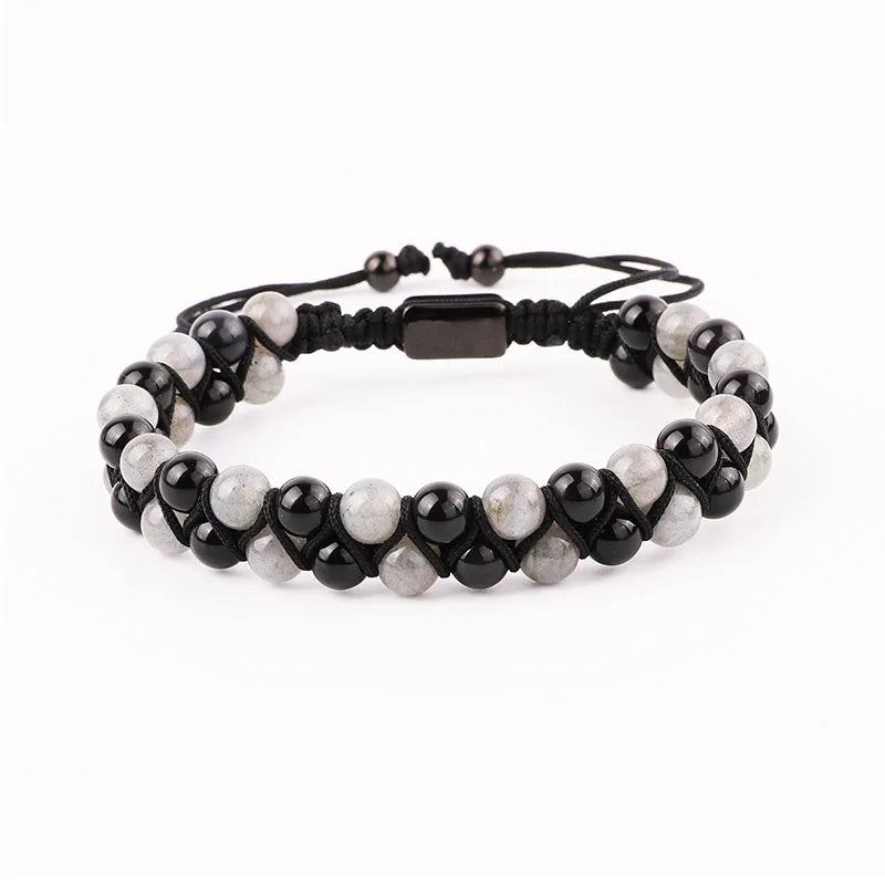 Fashion Gemstone Bracelet Natural 6mm Labradorite Black Agate Beads Handmade Cord Braided Macrame Bracelet Men Women