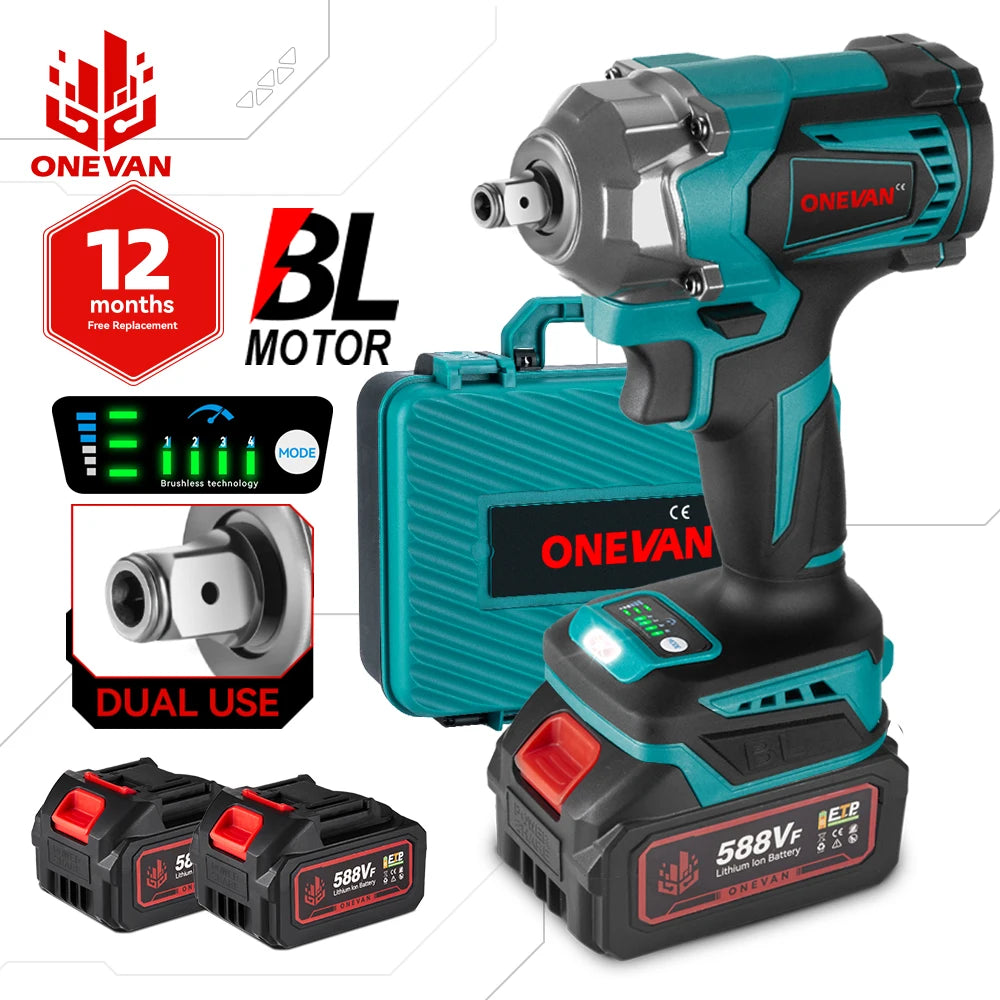 ONEVAN 1200N.M Torque Brushless Electric Impact Wrench 1/2 Inch Screwdriver Socket LED Light Power Tools for 18V Battery