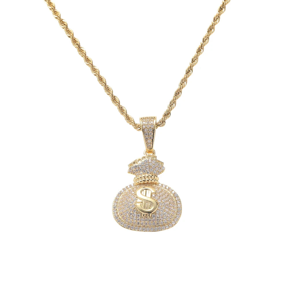 CN430 Iced Out Cz Money Bag Pendant Gold/Silver Plated Brass with Rope Chain Hip Hop Jewelry Necklace for Unisex Party Gift MegaBDM
