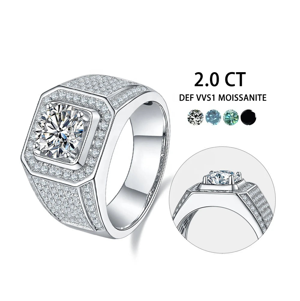 M76B Abiding Luxury Design 2 Carat D VVS Iced Out Moissanite 925 Silver Hip Hop Moissanite Man Ring for Mens Wedding Engagement