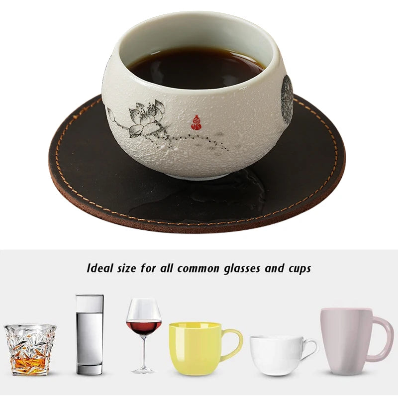 Logo Customization Classic Genuine Cow Leather Eco-Friendly Retro Heat Resistant Table Placemat Cup Mats Drink Full Grain Mat