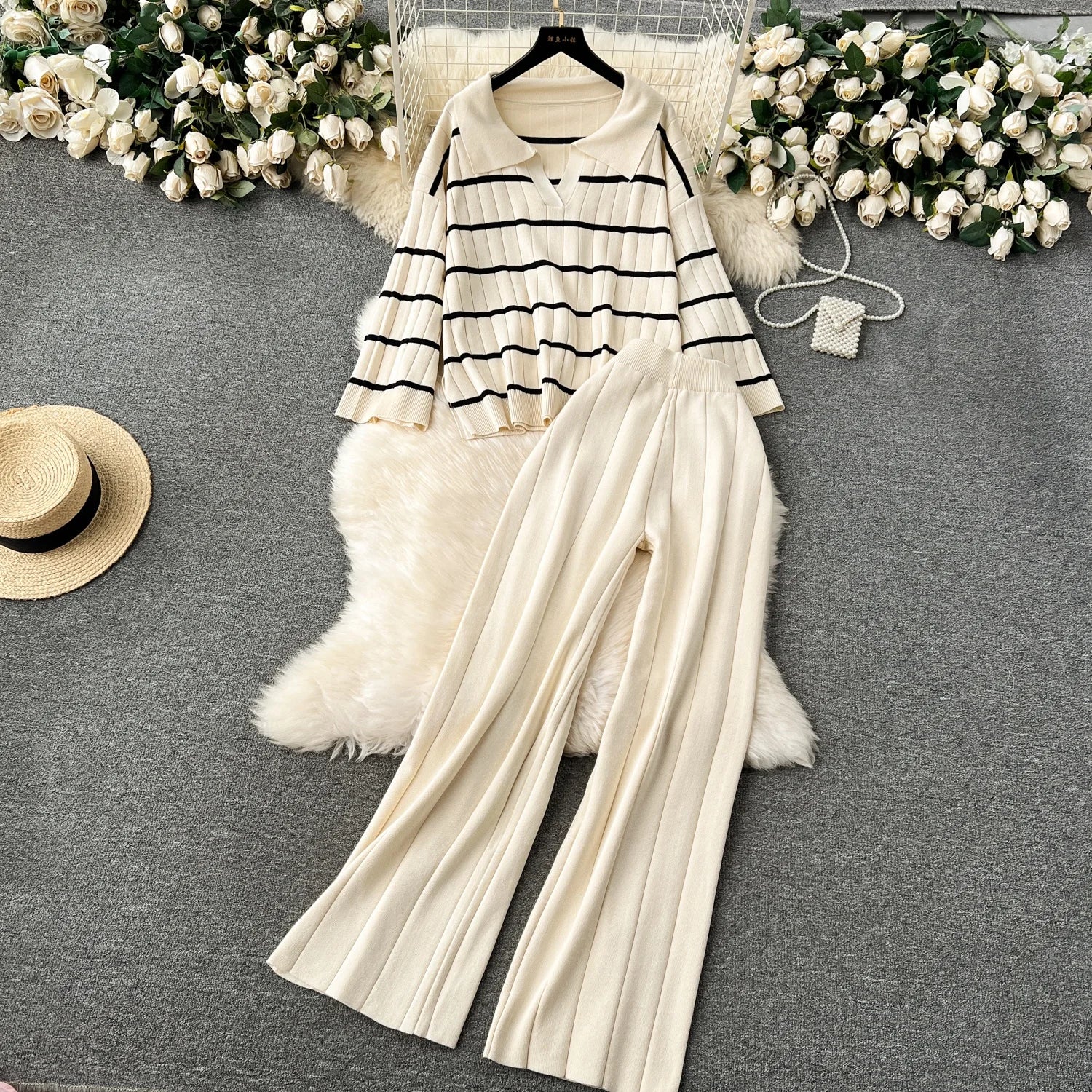 2025 Women's Casual Two-Piece Set: Turn-Down Collar Long-Sleeved Sweater & Wide-Leg Pants