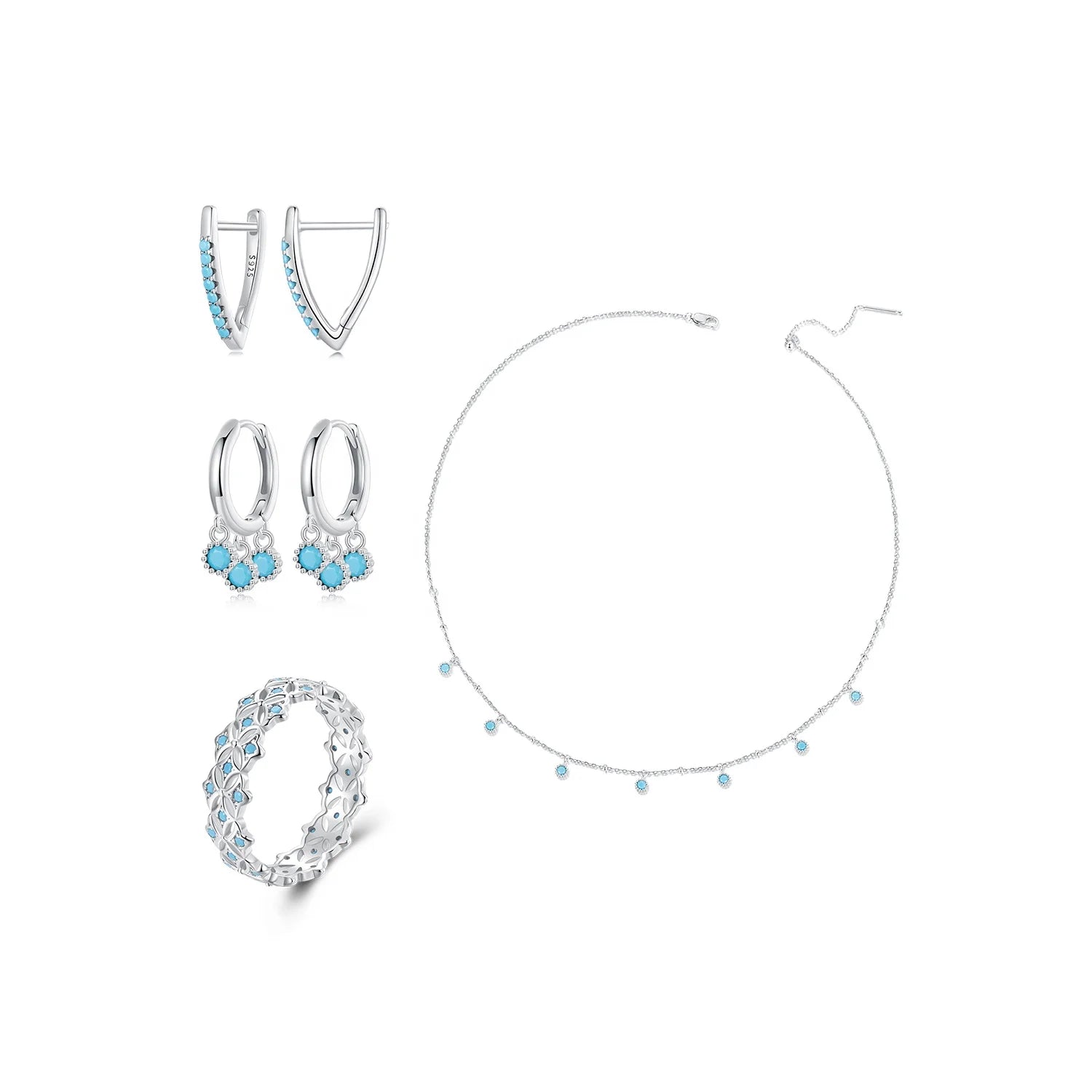 925 Sterling Silver Fashion Jewelry Sets Fine Jewelry Wholesale Elegant Smart Synthetic Turquoise Necklace Ring Earrings Set