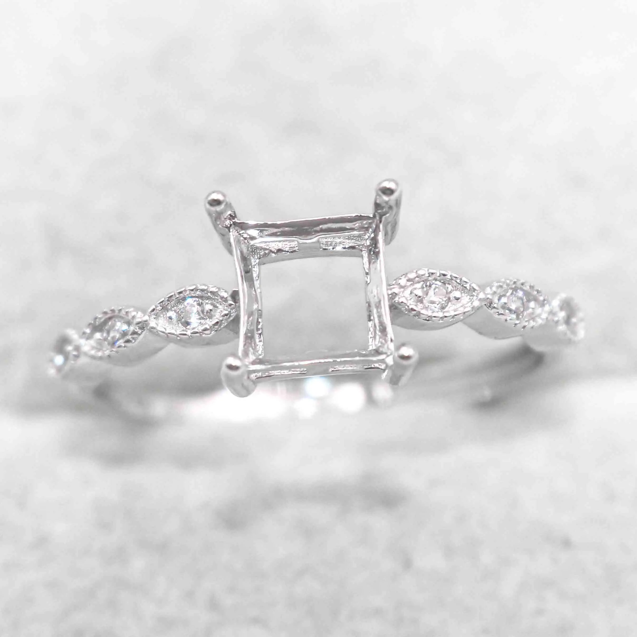 Sterling Silver 6*6mm Semi Mount Ring Square Shape Empty Frame Blank Claws Setting S925 Base Without Center Stone for Inlay DIY