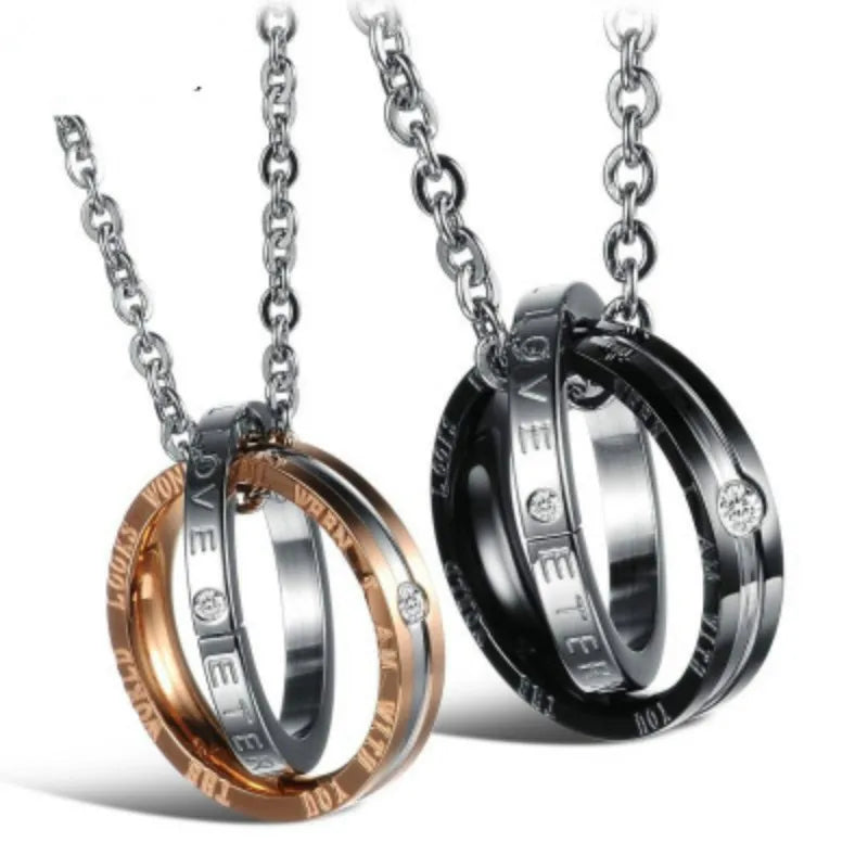 Kadin Kolye Latest Two Rings Stainless Steel Pendant Necklace Ladies Collar Black Rings Pendant Necklace With Ring for Couples