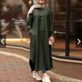 S-5XL Women's New Muslim Solid Color Long-sleeved Shirt Pocket A-line Dress Casual Gown Support Customized Floral