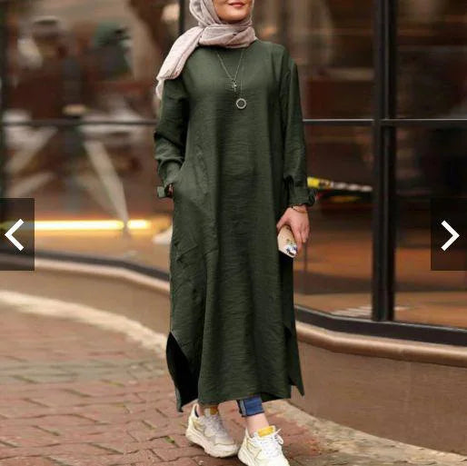 S-5XL Women's New Muslim Solid Color Long-sleeved Shirt Pocket A-line Dress Casual Gown Support Customized Floral