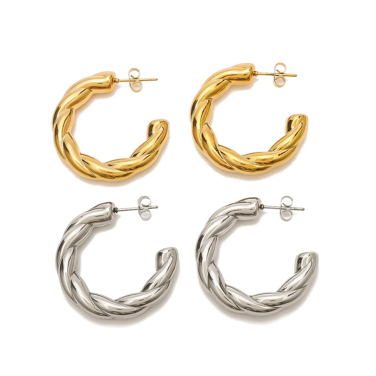 Waterproof Gold Plated Jewelry Hoop Earrings Stainless Steel Exaggerated Twist C-shaped Chunky Stud Earrings