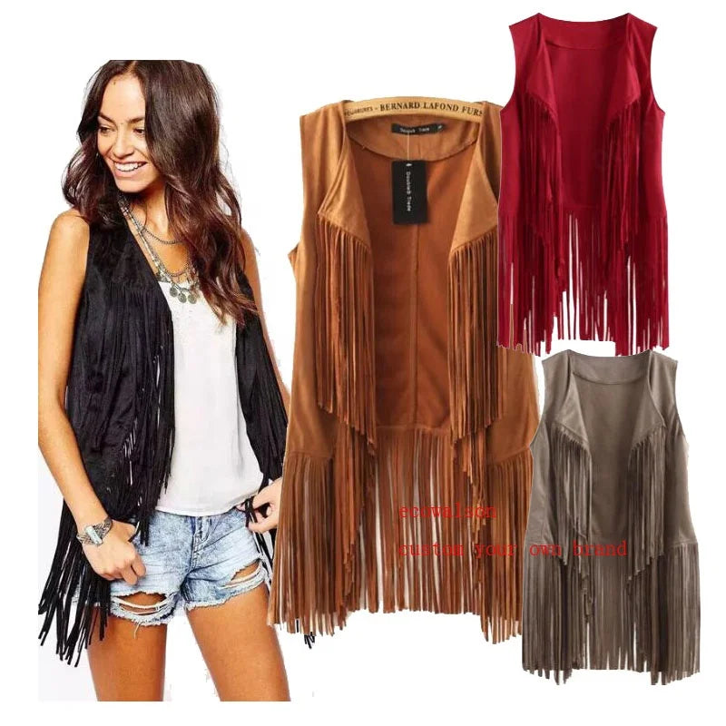 Ecowalson  Women Faux Suede Ethnic Sleeveless Jacket Long Fringe Tassels 70s Hippie Open Front Cardigan Vintage Waistcoat Vest
