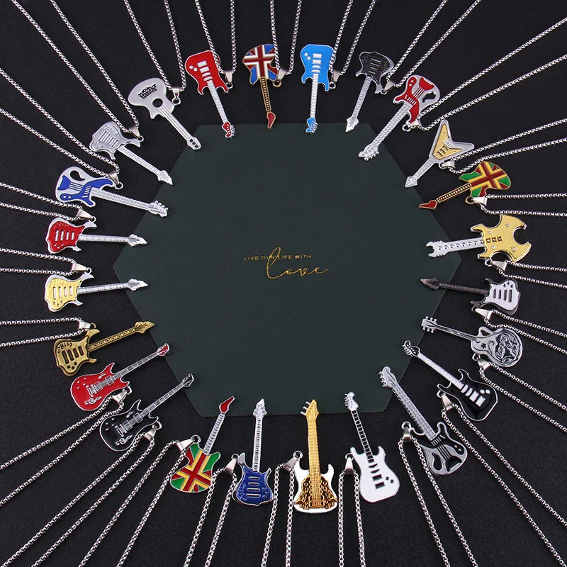 New Punk Rock Metal Stainless Steel Guitar Necklace Fashion Men Women Hip Hop Rock Music Guitar Pendant Jewelry