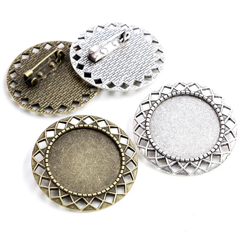 25mm Inner Size Antique Silver Plated Bronze Brooch Pierced Style Cabochon Base Setting Blank Bezel Trays