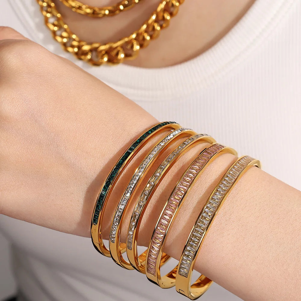 Light Luxury Colorful Zircon Bracelet Green Pink Square Diamond  Steel Wide Gold Bracelet Bangle