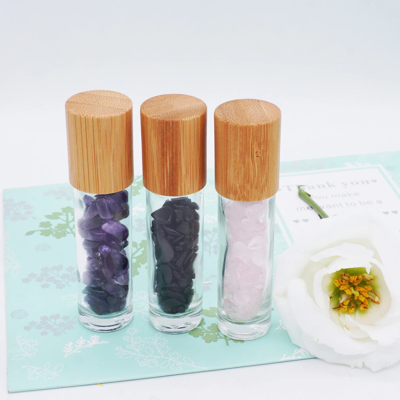 Luxury Bamboo Lid  Rollon Glass Bottles 10 ml with Gemstone Roller Balls