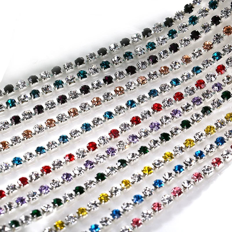 2mm 2.5mm Silver Bottom White+other Color Rhinestone Chain for Dress