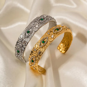 Fashion 18k Gold Plated Stainless Steel Bracelet Malachite Crystal Devil's Eye Open Cuff Bracelet Bangle for Women