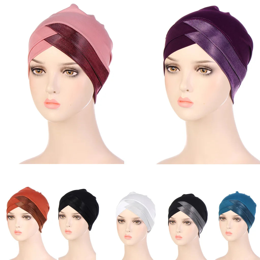 Fashion Hijab and Matching Stretch Fabric Cross Turban Forehead Indian Hat Crystal Head Scarves and Muslim Caps for Women