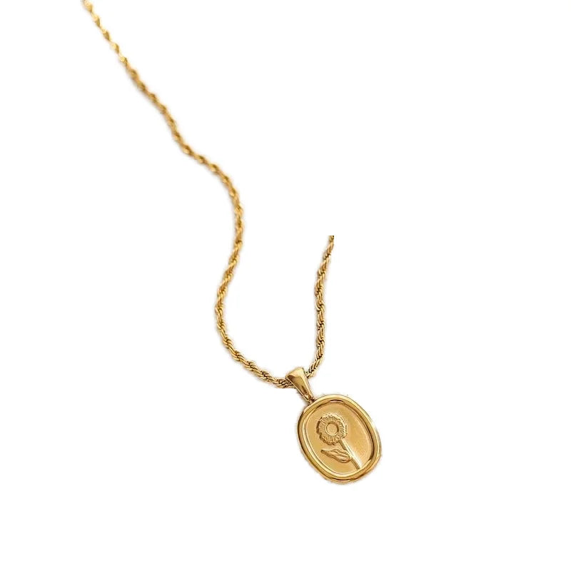 SSeesy Vintage Trendy Waterproof  Hypoallergenic Stainless Steel PVD 18K Real Gold Sunflower Relief Twists Pendant Necklace