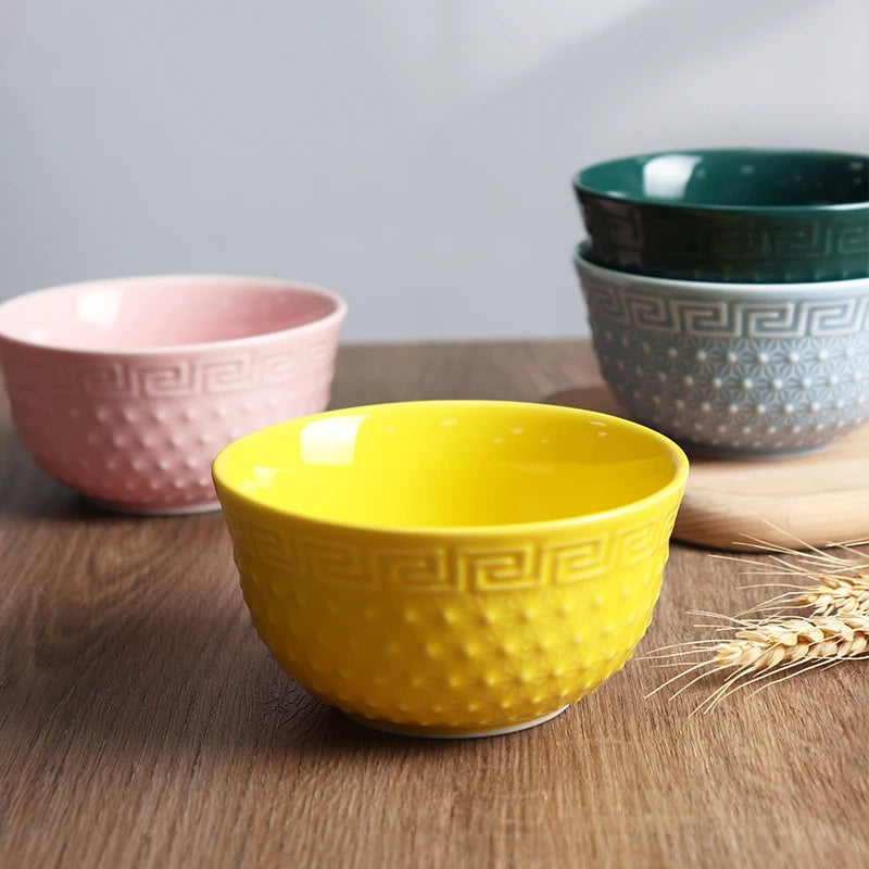 Wholesale Kitchen Dinnerware Porcelain Soup Rice Bowls Embossed Ceramic Bowl Set