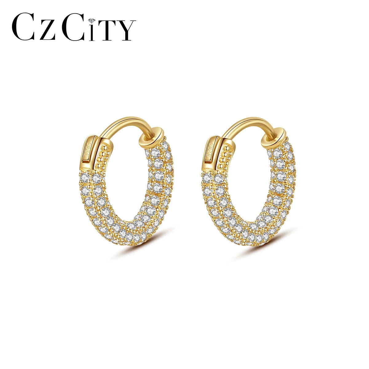 CZCITY New Product Zirconia Gold Bling Diamond Plated Sparkly Iced Out Geometric Shape Japanese Woman Earring Hoop