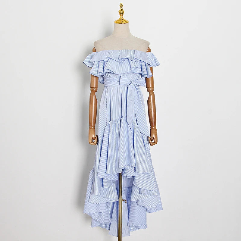 TWOTWINSTYLE Casual Striped Slash Neck Lantern Sleeve High Waist Irregular Hem Ruffles Women's Dress