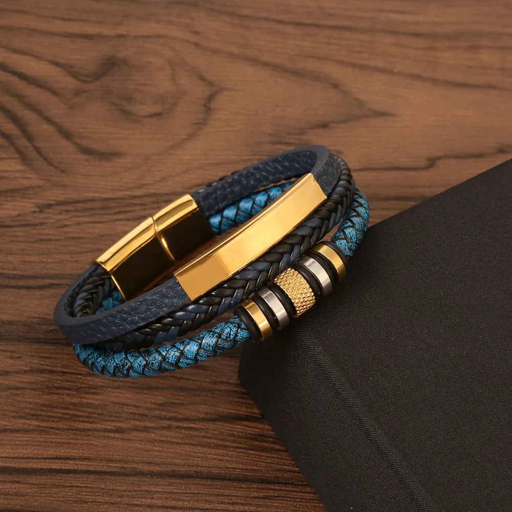 New Fashion Blue Handmade Braided Multilayer Leather Bracelet for Men's Stainless Steel Magnetic Clasps Bracelet