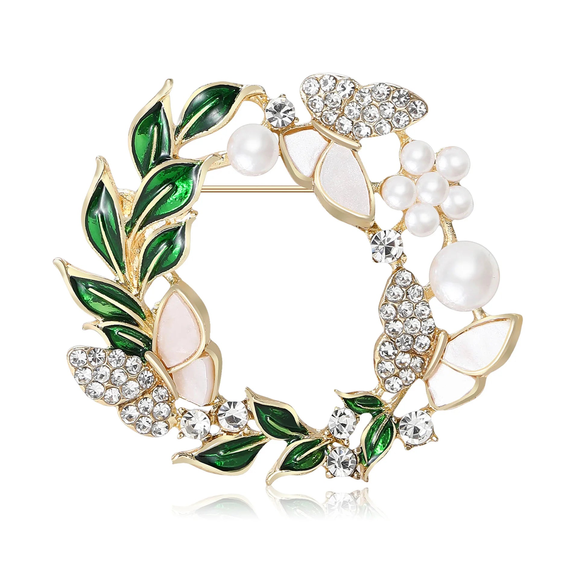 Elegant Butterfly Flower Brooches Alloy Pearl Rhinestone Green Leaf Wreath Brooch Pins for Wedding Garment Decoration