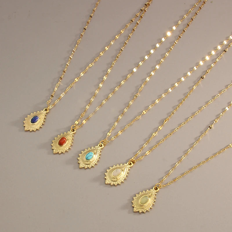 Vintage Roman Style Necklace 18k Real Gold Plated Stainless Steel With Natural Stone Necklace Lip Chain Fashion Jewelry