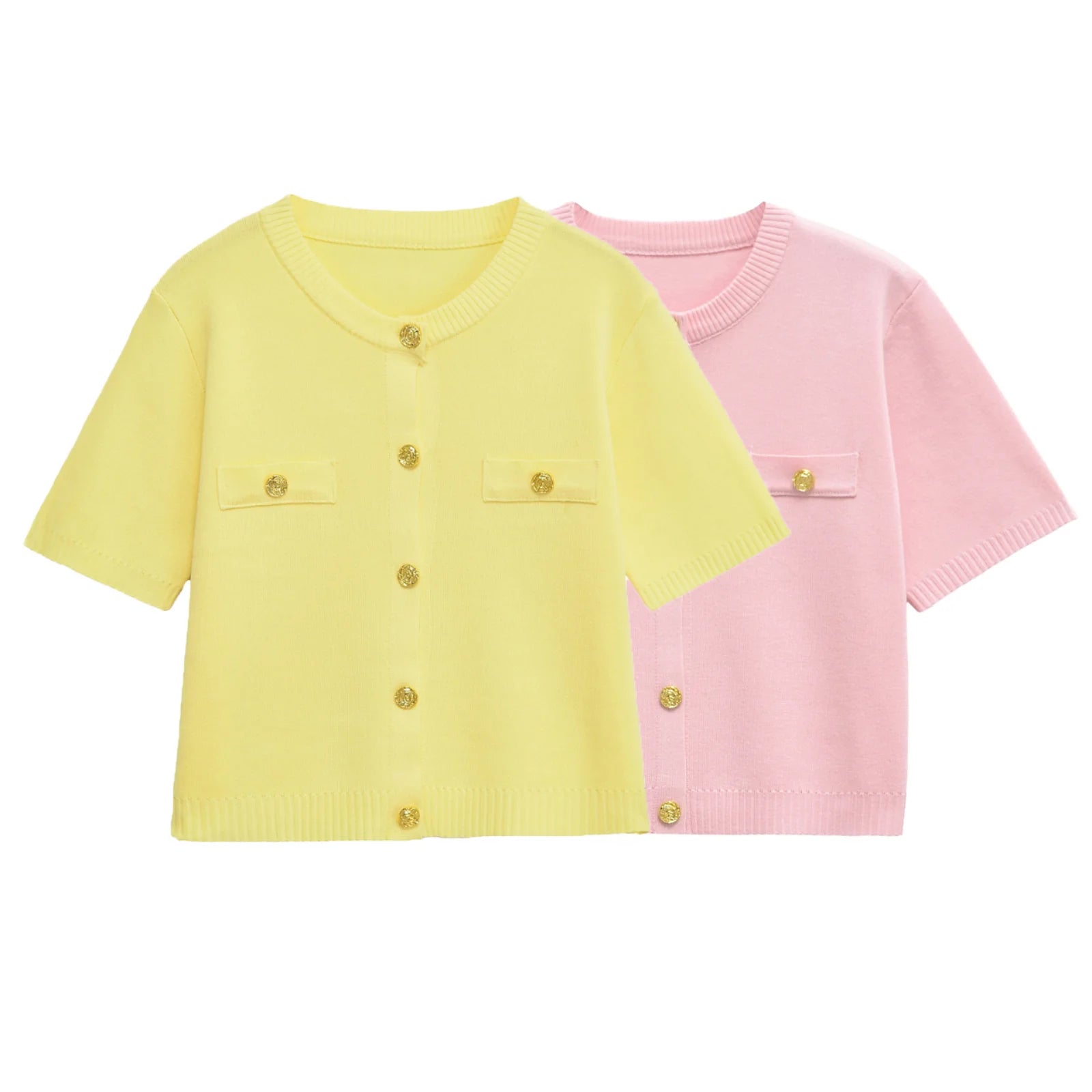 Wholesale Custom Ladylike Knit Cardigan Women's Short Sleeve Crew Neck Top with Gold Buttons