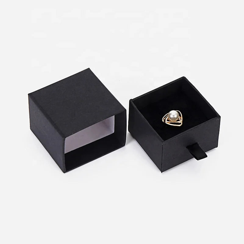 Cardboard Custom Logo Black Ring Luxury Retail Mystery Gift Box Jewelry Packaging Box Sliding Drawer Box With Ribbon