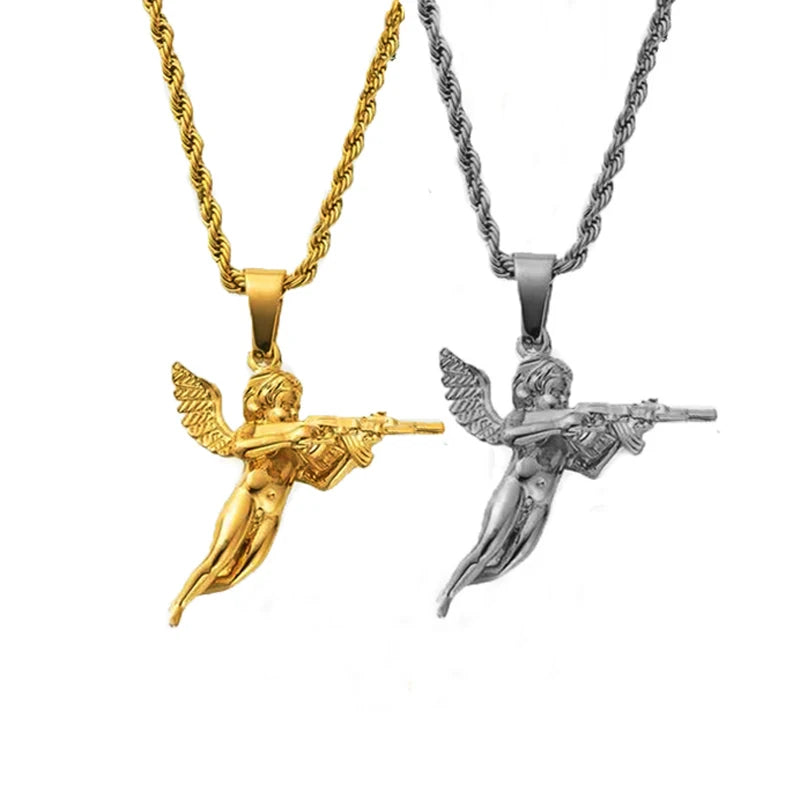 Hip Hop Jewelry 18K Gold Cupid Angel Wing Pendant Stainless Steel Angel Gun Necklace Chain for Men