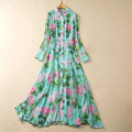 American Casual Autumn New Single Breasted Turn-down Collar Print Empire Waist Lantern Sleeve Floor-Length Sashes Dress